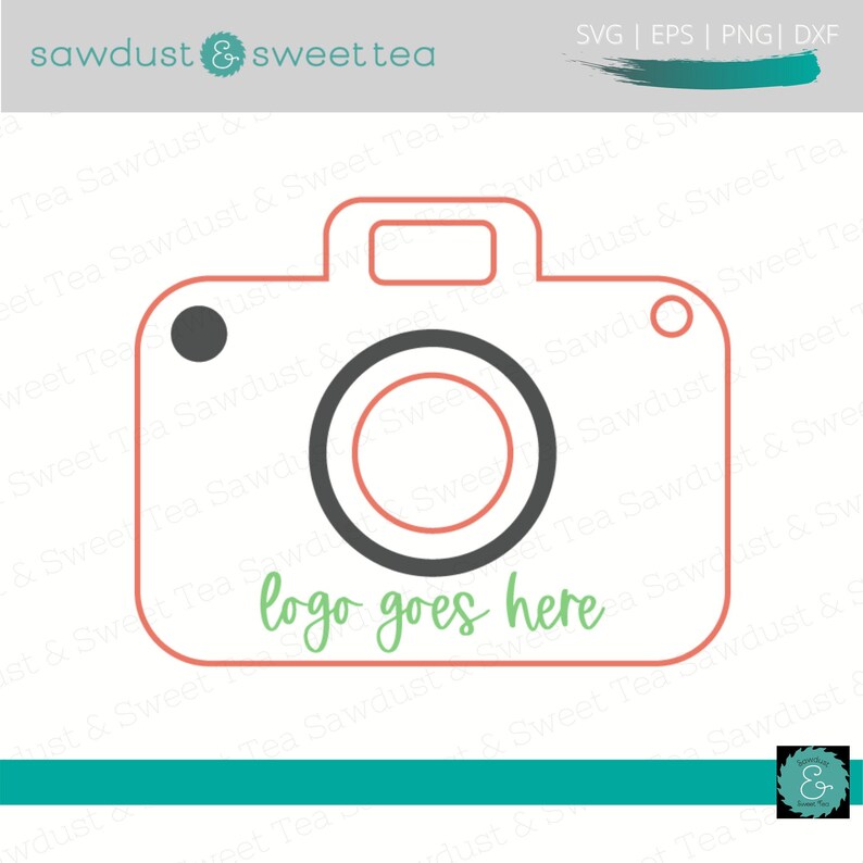 May include: A red and black camera silhouette with the text "logo goes here" in green. The camera is on a white background with a repeating pattern of the text "Tea Sawdust & Sweet Tea".