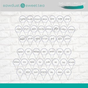 May include: A printable chart with 36 circles, each containing the name of a different type of cheese. The circles are arranged in a grid pattern and are connected by lines that resemble the shape of a cheese knife.