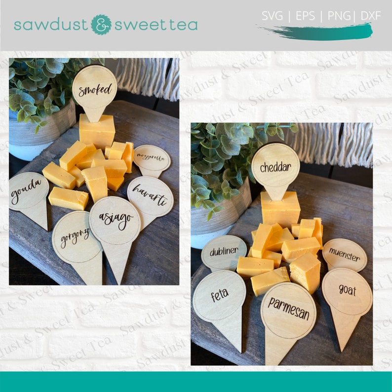 May include: A set of 10 wooden cheese markers with different cheese names written on them. The markers are brown and have a rounded top with a pointed bottom. The cheese names are: gouda, smoked, gorgonzola, asiago, havarti, cheddar, dubliner, feta, parmesan, muenster, and goat.