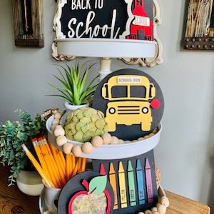 School Tiered Tray SVG, Tiered Tray Bundle SVG, School Bus SVG, Crayons Svg, School House Svg, Back to School Svg, Homeschool Decor Svg