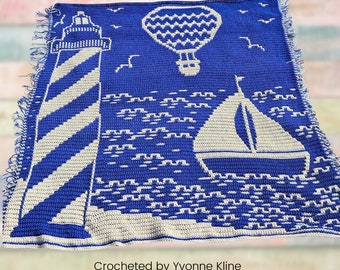 Lighthouse by the Sea Mosaic Crochet Pattern - sailboat hot air balloon seagulls water landscape ocean