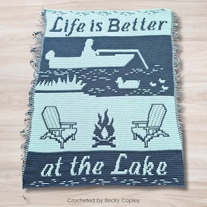 Kathy's Lake Life Mosaic Crochet Pattern - overlay, campfire, Adirondack chairs, fisherman, boat, ducks, life is better at the lake
