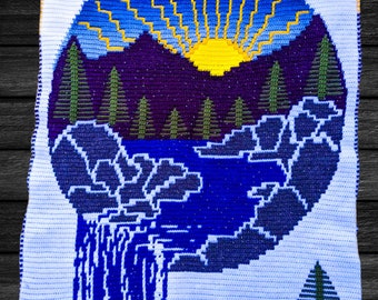 The Mountains Are Calling Mosaic Crochet Pattern, blanket, waterfall, overlay, river, rocks, trees, lapghan, sunrise, sunset, tapestry