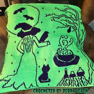 Witch Moonlit Cauldron – Halloween Mosaic Crochet Blanket Pattern | magic potion | black cat | raven | spooky tree, bats, full moon | afghan