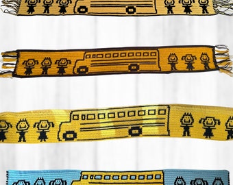 School Bus with Friends Scarf mosaic crochet pattern child adult sizes bus driver gift