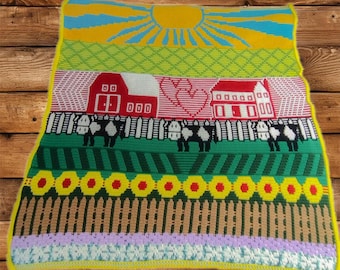 Penny's Sunflower Farm Afghan, Mosaic Crochet Pattern - cows, barn, farmhouse, sunshine, sun - PDF download