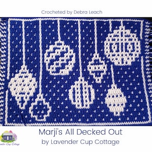 May include: Crocheted blue and white ornament pattern with the text "Marji's All Decked Out by Lavender Cup Cottage".