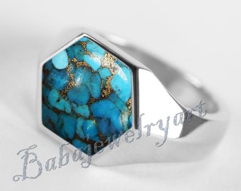 Blue Copper Turquoise Gemstone Solid 925 Sterling Silver Men Ring, Heavy Mens Gemstone Ring For Men, Turquoise Ring, Engagement Men's Ring