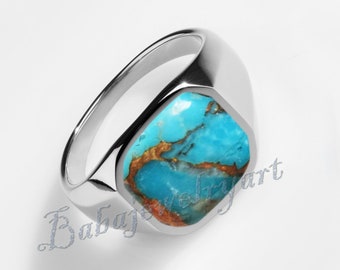 Blue Copper Turquoise Ring, 925 Silver Turquoise Ring For Mens Pinky Ring, Heavy Men's Gemstone Ring, Gift For Him, Promise Ring For Mens