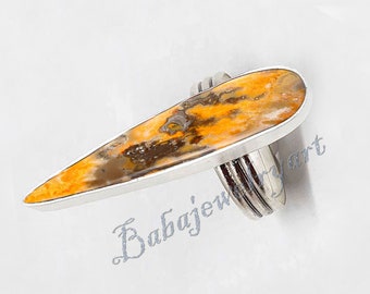 Large Bumble Bee Jasper Ring, 925 Sterling Silver Women Yellow Jasper Ring, Tear drop Women Gemstone Ring For Gift, Heavy Women Rings