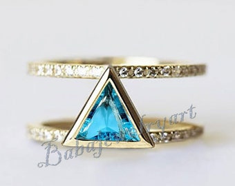 Blue Topaz Ring, Triangle Blue Topaz Glass Ring, Zircon Ring, Triangle ring  Women Blue Topaz  Ring, Mothers Ring, Pinky Women Dainty Ring