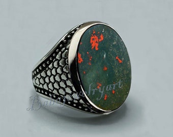 Bloodstone Ring men, Natural Bloodstone Mens Ring, 925 Sterling Silver Oval Art Deco Mens Gemstone Ring, Heavy Design Statement Ring Gift