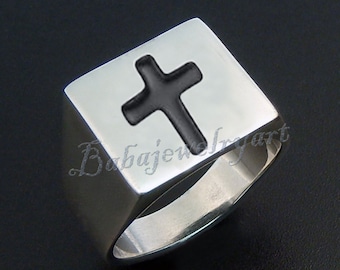 Cross Ring, Mens Cross Square Ring, 925 Sterling Cross Ring, Christian ring, Confirmation gift, Heavy Men Cross Ring, Heavy Mens Signet Ring