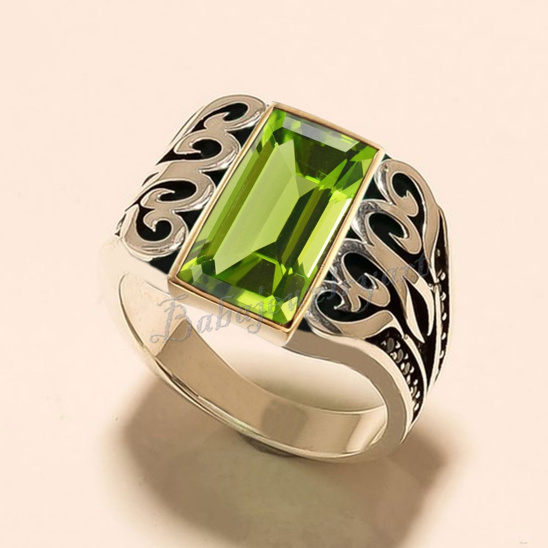 Peridot Ring Men, 925 Sterling Silver Peridot Ring Men, Heavy Men