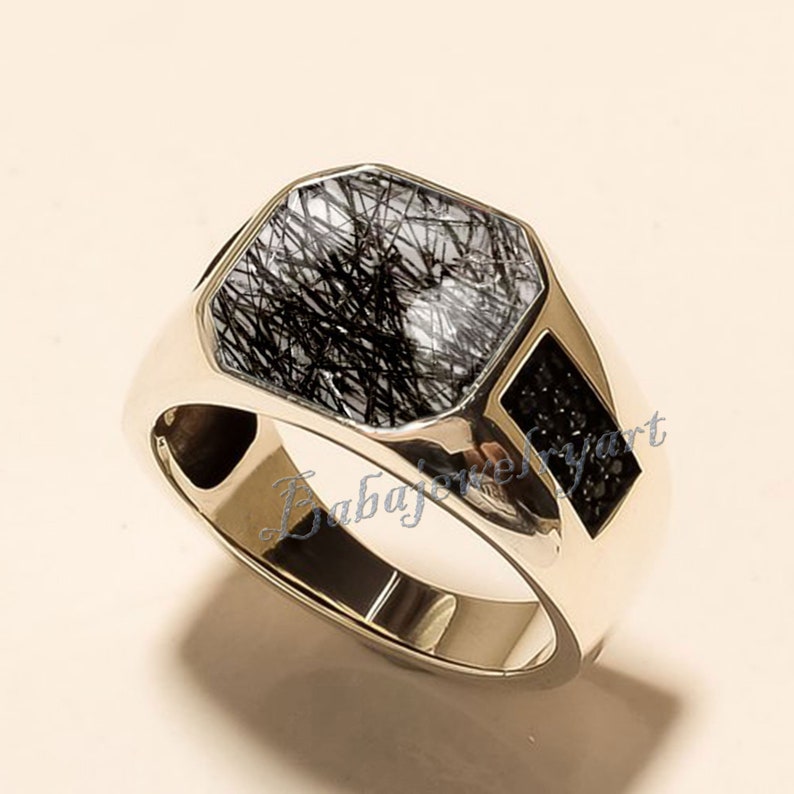 Black Rutile Ring Men, Natural Black Rutile Quartz Ring, 925 Sterling Silver Mens Gemstone Ring, Black Stone Pinky Ring, Mens Signet Ring image 1