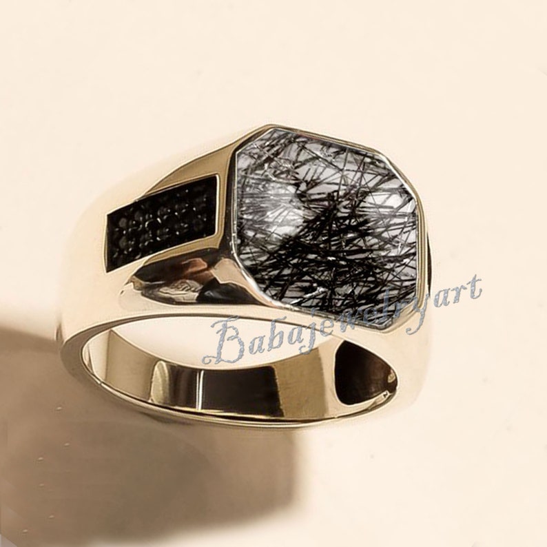Black Rutile Ring Men, Natural Black Rutile Quartz Ring, 925 Sterling Silver Mens Gemstone Ring, Black Stone Pinky Ring, Mens Signet Ring image 4