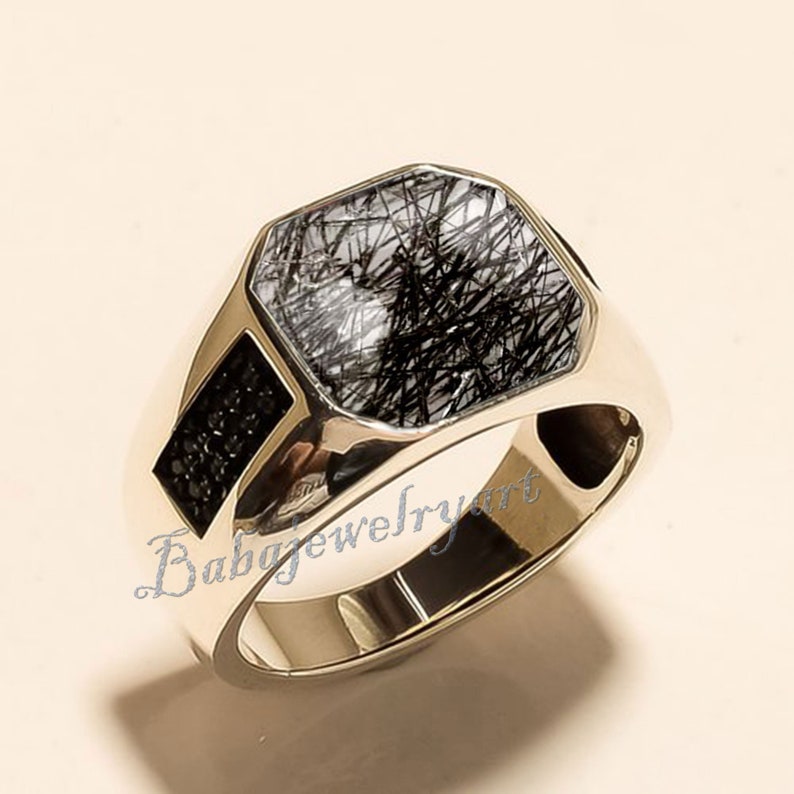 Black Rutile Ring Men, Natural Black Rutile Quartz Ring, 925 Sterling Silver Mens Gemstone Ring, Black Stone Pinky Ring, Mens Signet Ring image 2