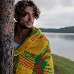 100 % Plaid Wool Blanket Mid-weight Traditional Style  Mustard Yellow
