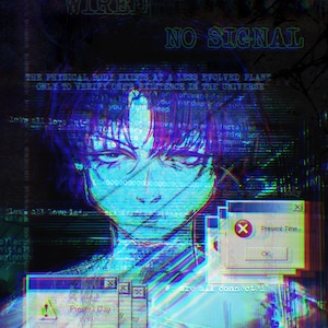 Può includere: Un'illustrazione digitale di una persona con i capelli corti, sovrapposta a effetti glitch blu e viola. Il testo include "NO SIGNAL", "WIRED", "Present Time", "Present Day" e "The physical body exists at a less evolved plane."