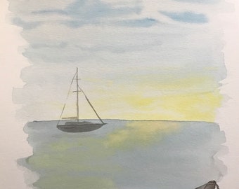 Original Watercolor Sailboat Sunset Painting | Sailboat Art | Sailboat Painting | Sailing Art