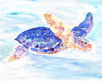 Original Sea Turtle Watercolor | Colorful Sea Turtle Art | Sea Turtle Painting | Sea Turtle Swimming |