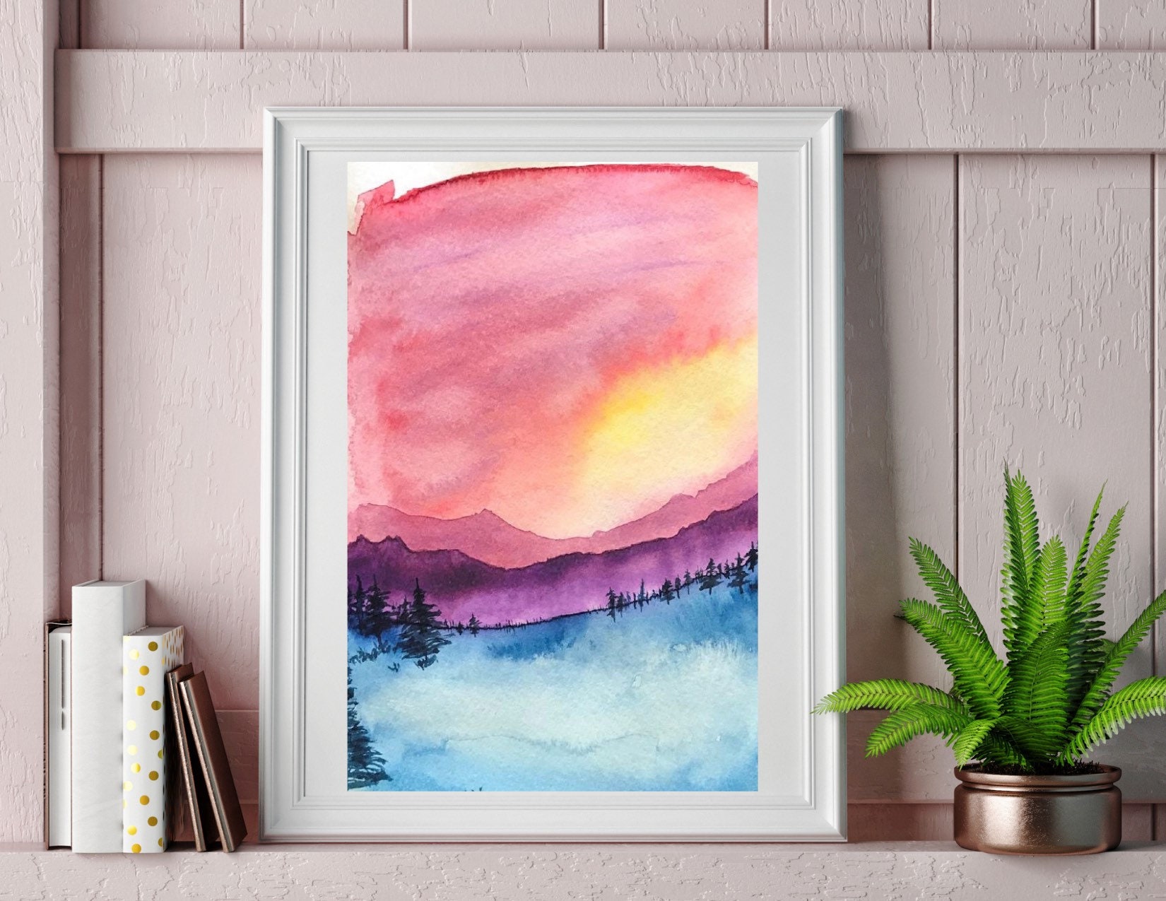 Realistic artwork Original watercolor painting Evening Sun Art Home Original Art Sunset in the mountains Watercolor landscape wall art
