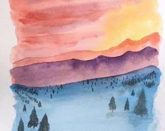 Original Watercolor Mountain Sunset Painting | Watercolor Sunset |Mountain Scape Sunset Painting