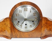 Antique English Hat Shaped Mantel Clock Burr Walnut Dual Chiming Westminster Mantel Clock by Haller