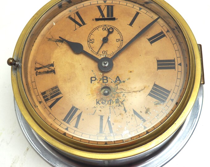 English Ships Clock 8 Day Bulk Head Clock Chrome and Brass Case C1930s