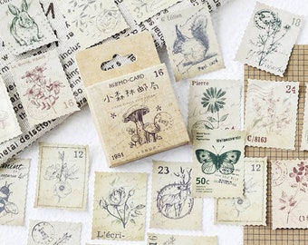 46 Vintage nature stamps stickers set - peel off stickers - scrapbook, journal, planner decoration