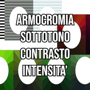 Może przedstawiać: Grafika z napisami "ARMOCHROMIA", "SOTTOTONO", "CONTRASTO" i "INTENSITA'" w czarnym kolorze na białym tle. Jest pięć kół z białymi środkami i różnymi kolorowymi tłami.
