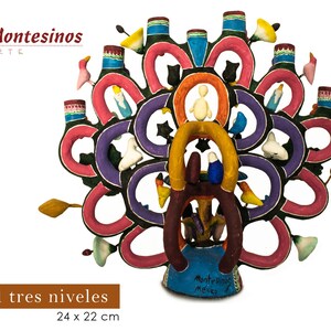 Pu&ograve; includere: Una colorata scultura in ceramica a tre livelli con un design ad albero. Presenta anelli rossi, viola e neri, con piccole figure ed elementi decorativi. La base &egrave; blu e le dimensioni sono 24 x 22 cm.