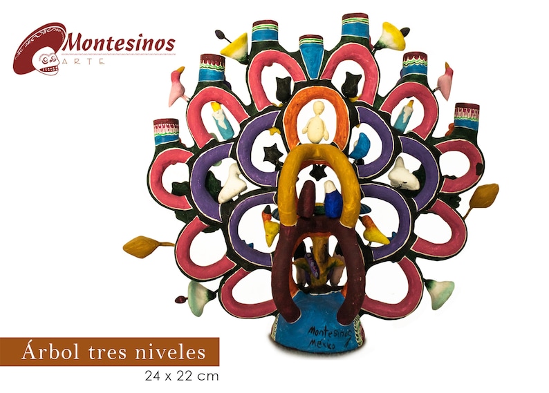 Pu&ograve; includere: Una colorata scultura in ceramica a tre livelli con un design ad albero. Presenta anelli rossi, viola e neri, con piccole figure ed elementi decorativi. La base &egrave; blu e le dimensioni sono 24 x 22 cm.