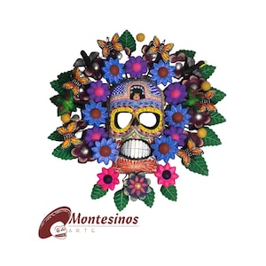 Mexican Floral Skull Wall Decor – Handmade Polychrome Clay Day of the Dead Folk Art Halloween Decoration