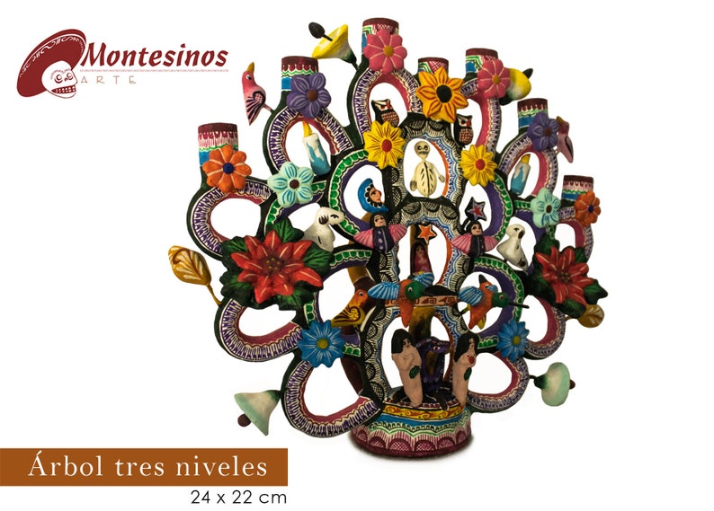 Pu&ograve; includere: Un albero decorativo a tre livelli, dipinto a mano con motivi floreali e di uccelli. L'albero misura circa 24 x 22 cm. L'immagine include il testo "Montesinos Arte" e "&Aacute;rbol tres niveles".