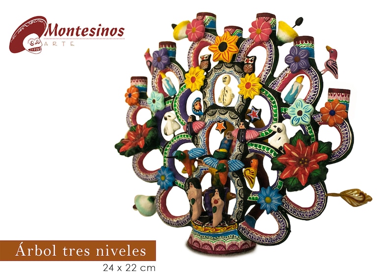 Pu&ograve; includere: Una vivace scultura di arte popolare a tre livelli, dipinta a mano. L'albero presenta disegni intricati con fiori, uccelli e figure. La base misura 24 x 22 cm. La scultura &egrave; adornata con colori vivaci e una lavorazione dettagliata.