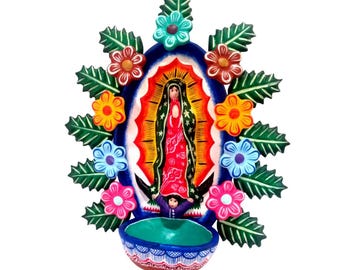 Virgin Mary in Jicara Bowl Handmade Mexican Folk Art Clay Sculpture Catholic Religious Gift Mexican Pottery Decor