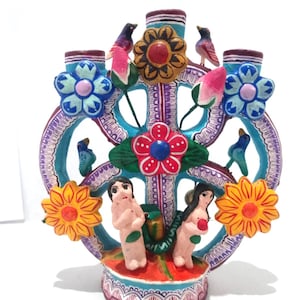Polychrome Clay Tree of Life, Mexican tree of life sculpture, clay folk art ceramic tree of life