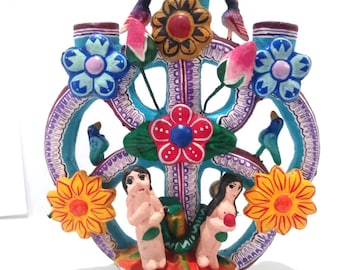 Albero della vita in argilla policroma, scultura dell&#39;albero della vita messicano, albero della vita in ceramica di arte popolare in argilla
