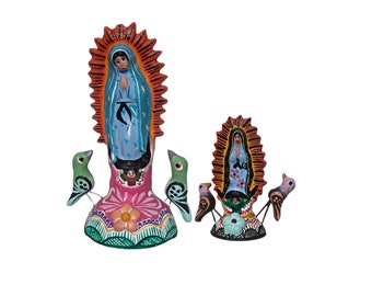 Virgin Mary Set Handmade Mexican Folk Art | 2 Clay Virgin Figurines Barro Policromado Catholic Religious Home Decor