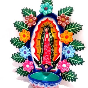 Virgen Jicara Virgin Mary in Jícara Bowl Handmade Mexican Folk Art Colorful Barro Clay Sculpture Unique Religious Gift Jícara Folk Art