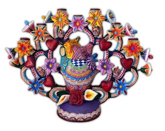 Tree of Life Mexican Folk Art – 3 Tier Clay Heart Sculpture, Handmade Polychrome Pottery Decor Gift