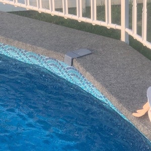 May include: A close-up of a swimming pool with a blue tiled border and a gray concrete deck. A white metal fence is visible in the background.