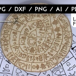 Disque grec Minoan Phaistos DXF SVG PNG, Vector Sous-verres grecs antiques - fichier numérique de téléchargement instantané - culture grecque - fichiers découpés au laser