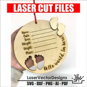 Hello World i&#39;m here svg birth stat board for newborns baby announcement laser engraver, glowforge, laser cutter, digital download vector