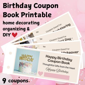 birthday coupon book, birthday printable, birthday voucher, birthday gift DIY, birthday gifts for her, birthday coupon template, coupon book