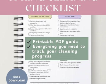 May include: A printable spring cleaning checklist with a green and pink colour scheme. The checklist is divided into two sections: Entryway and Hallways and Dining Room. Each section has a list of cleaning tasks to complete. The checklist also includes a section for easy download.