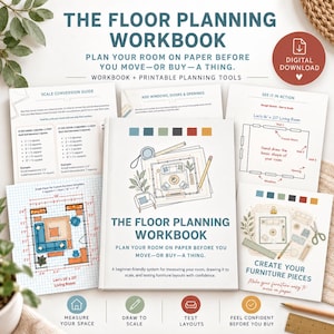 May include: The Floor Planning Workbook is a digital download featuring a guide for room layout design. It includes printable tools, scale conversion charts, graph paper for furniture templates, and instructions for drawing floor plans to scale.