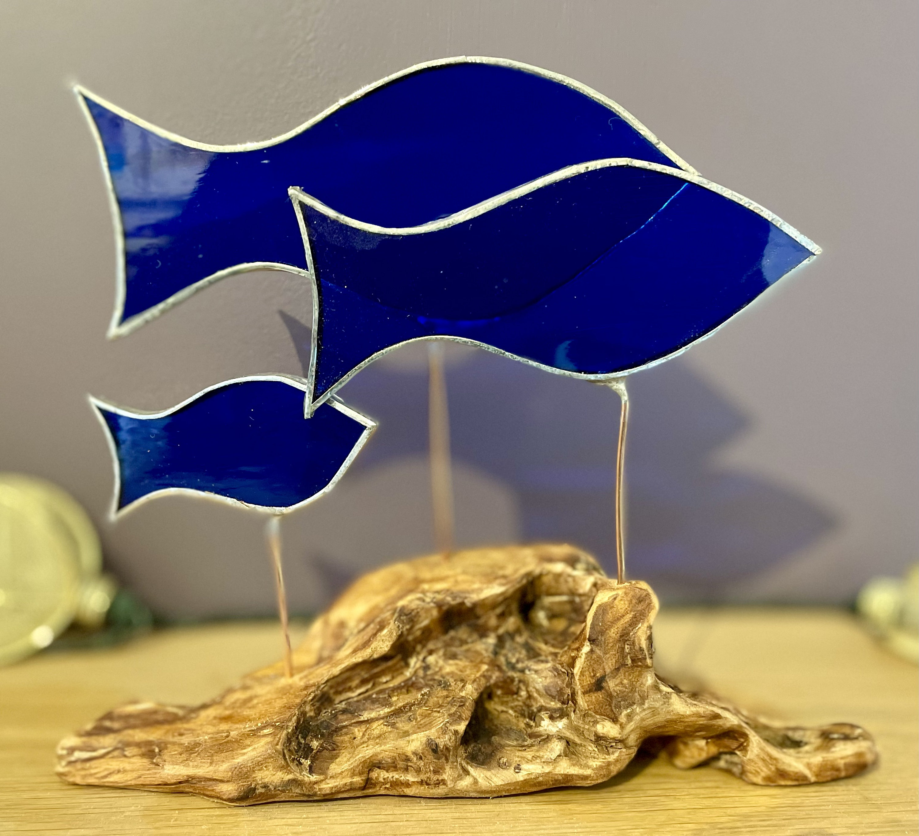 Stained Glass Blue Fish on Driftwood Base Sculpture Etsy UK