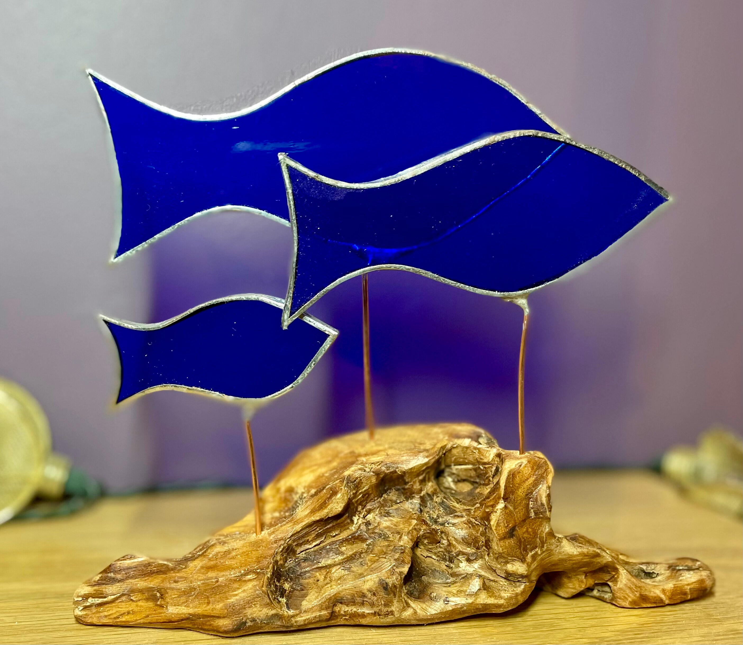Stained Glass Blue Fish on Driftwood Base Sculpture Etsy UK
